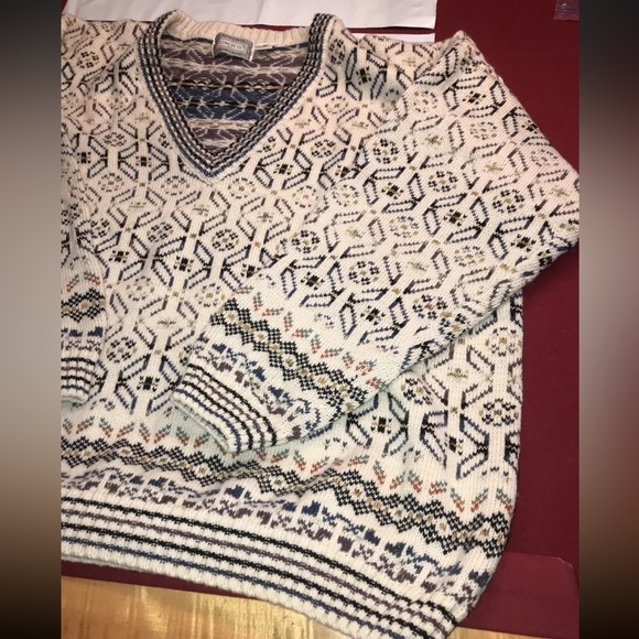 Concrete mix 90s V Neck boxy heavy Sweater Geometric Beige Tan Blue Cosby MEN 2X - Picture 6 of 16